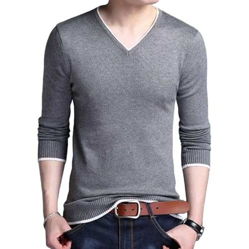 V Neck Solid Color Slim Fit Pullover Sweater Mens Spring Autumn Casual Fashion Elegant Business Long Sleeved Knitted