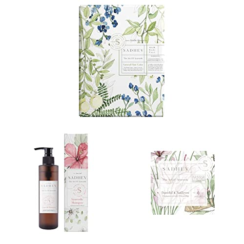 Sadhev - Ayurvedic Hair Colour - Double Process, Sadhev - Ayurvedic Shampoo - Coconut & Hibiscus and Sadhev - Depigmentation Bathing Bar - Sandal & Saffron Combo