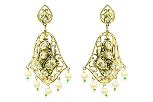 Rajasthan Gems Designer Dangle Long Traditional Earrings Gold Plated Uncut White Stones 2.6'