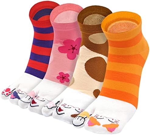 PUTUO Flip Flop Tabi Socks: Women Split Toe Socks Cotton Japanese Geta Socks Ladies Novelty Two Toe Socks with Funny Pattern, Size 4-9, 4 pairs