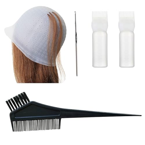 Gorro Mechas Peluqueria de Silicona,Gorras de Tinte para el Cabello con Ganchos,Cepillo de Tinte para el Cabello,Botellas Aplicadoras de Peine,Gorro de Silicona Resaltado,Gorro de Tinte Sombrero,4pcs
