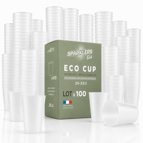 SPARKLERS CLUB Lot de 100 Gobelets Réutilisables ECO CUP 25cl (33cl ras bord) - Jusqu'à 150 Lavages lave vaisselle - Gobelet Bière Réutilisable en...