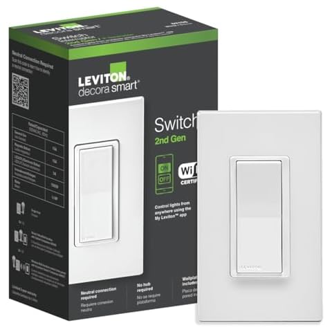 Leviton Decora Smart Switch, Wi-Fi 2nd Gen, Neutral Wire Required, Works with Matter, My Leviton, Alexa, Google Assistant, Apple Home/Siri & Wired or Wire-Free 3-Way, D215S-1RW, White Cover