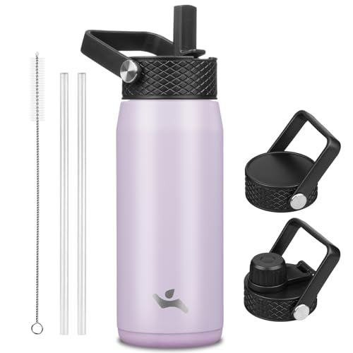 Image of Konokyo 20oz Insulated Stainless Steel Water Bottle with 3 Lids, Leakproof BPA-Free Bottle with Straw Lid, Sip Lid and Flex Cap for Gym, Travel, School, Office, Taro Purple