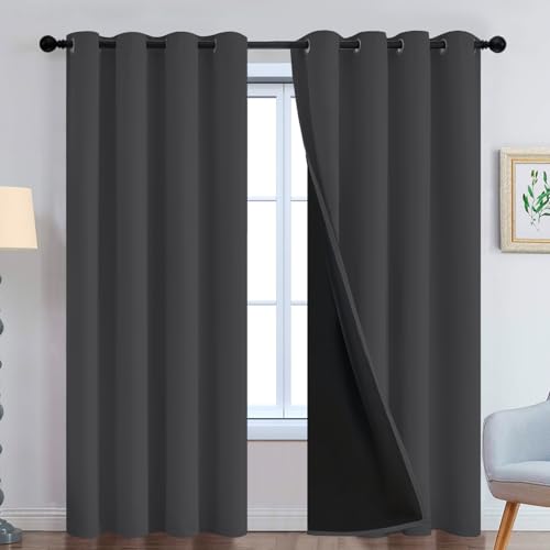 Image of Yakamok Charcoal Grey 100% Blackout Curtains 84 Inches Long 52 inch Wide 2 PCS | Blackout Curtain Panels for Bedroom, 2 Thick Layers Grommet Top Thermal Insulated Drapes with Black Liner for Living Room