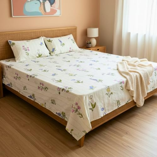 Image of Sleepy Threads King Size Blended Cotton Bedsheet with Soft and Breathable Fabric, Wrinkle Free Golden Brown Leaf Print Bedroom Bedding Set, 1 Bedsheet with 2 Pillow Cover (108x108 Inch, Light Beige)