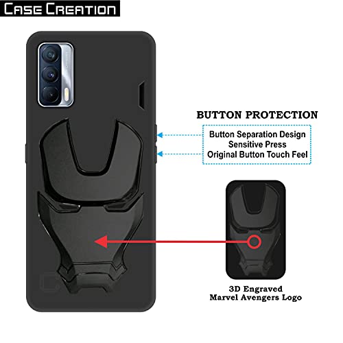 Image of COVERLY Official 3D Smooth Feel Avengers Logo Mask Soft Rugged Grip TPU Silicone Iron Man Engraved Cartoon Movie Engraved Silicone Rubber Matte Strong Back Cover for Realme X7 (6.53 inch) - Black