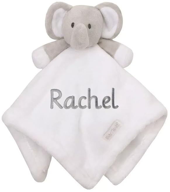Personalised Newborn Baby Boys Girls Toy Comforter Blankets Elephant, Bunny, Giraffe, Zebra Teddy Embroidered Name | Gift Toy Comforter (White Elephant)
