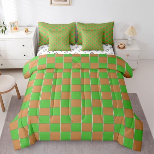 Image of Erosebridal Gaming Checkered King Bed in A Bag 7 Piece Gamer Plaid Comforter Set with Sheets Checkerboard Games Bedding Sets for Kids Adults,Geometric Grids Bed Set