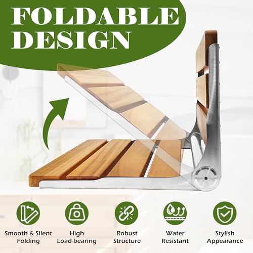 Koretech Folding Shower Seat Teak, Folding Shower Seat Wall Mounted, Foldable Shower Chair for Home Care, 450 lbs Capacity (Stainless Steel, 13\'\' D x 17\'\' W x 10\'\' H)