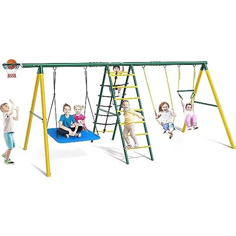 Osoeri Swing Sets for Backyard Toddler Swing Sets 6 in 1 Heavy Duty Metal Backyard Swing Sets with 2 Swings,Climbing Ladder and Nets,Trapeze Bar and Basketball Hoop (Green) Cover