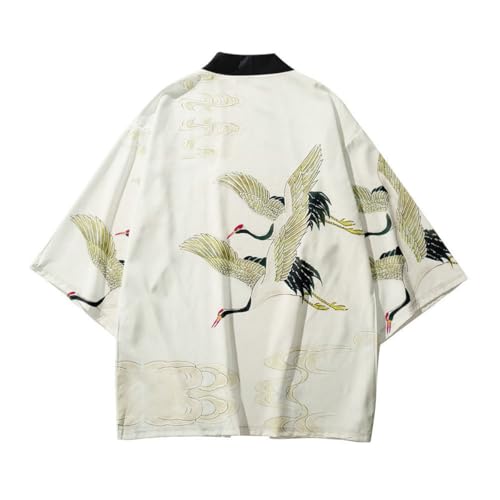 AMOMA Men Japanese Kimono Lightweight Loose Breathable Casual Cardigan Coat Top Yukata Jacket(3XL,CraneWhiteYellow)2