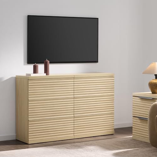 Image of SICOTAS Fluted Sideboard Buffet Cabinet with Storage, Modern Credenza Storage Cabinet with 3 Larger Drawers, Mid Century Coffee Bar Table for Living Room Entryway Kitchen, Coastal Oak (2 PCS)