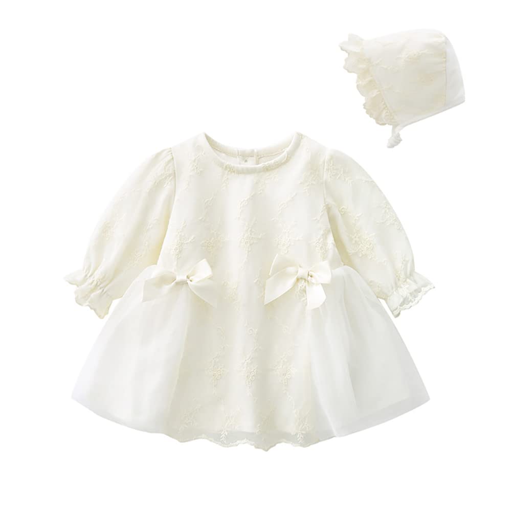 Toddler Baby Girl Long Sleeve Fall Dress Flower Lace Wedding First Birthday Baptism Christening Dresses with Hat Outfit