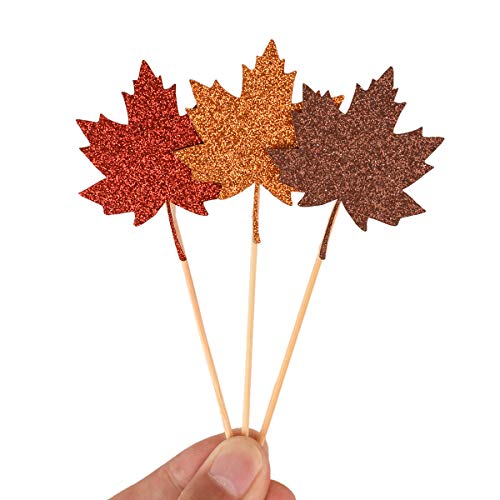 Donoter 48 Pcs Glitter Maple Leaf Cupcake Topper Picks For Thanksgiving Fall Harvest Party Cake Decorations #TOP2