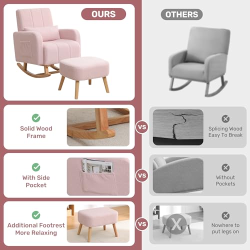 Image of HCHAIRH Rocking Chair with Ottoman, Upholstered Glider Rocker Armchair with High Backrest and Side Pocket, Comfy Reading Chair with Solid Wood Legs for Nursery, Living Room,Bedroom, Pink