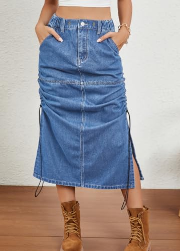 chouyatou Women's Vintage Washed Cargo Skirt A-Line Adjustable Midi Long Denim Jean Skirt with Drawstring3