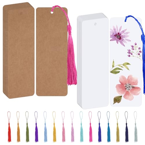 Blanko Lesezeichen, 60 Stück Papier Lesezeichens Basteln mit Loch, Lesezeichen Rohlinge Set für DIY Handwerk Geschenkanhänger(Weiß & Braun, 14x5cm)