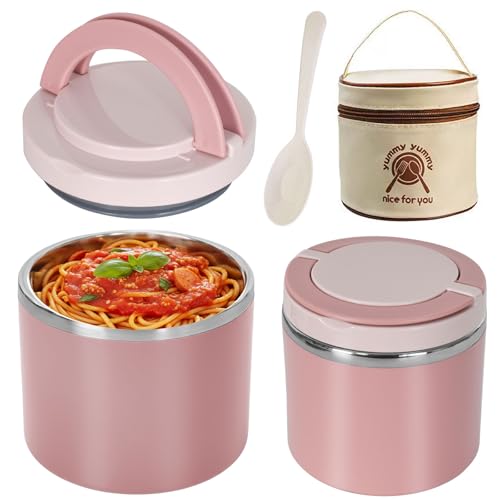 Zimoer 630ML Thermos per Alimenti in Acciaio Inox, Contenitore Termico per Alimenti con Borsa Isolata e Cucchiaio, Antigoccia per Scuola e Ufficio (Rosa)