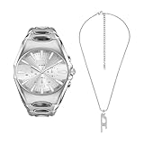 Diesel Uomo Orologio Color Argento D-Curve e Collana con Logo D, Set