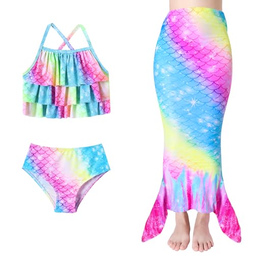 Image of Redair Mermaid Girls Bathing Suit 3PCS Ruffle Top Bikini Bottoms Swimsuit Kids Beach Pool Swimwear 3-11Y