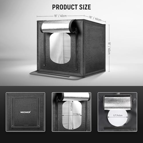 NEEWER 40CM Upgraded Photo Studio Light Box, 16"x16" Portable Folding Photography Lightbox, 4 Backdrops, 5600K 144 LEDs 5310lx/0.5m Dimmable Picture Booth Shooting Tent for Jewelry Electronics, LP40