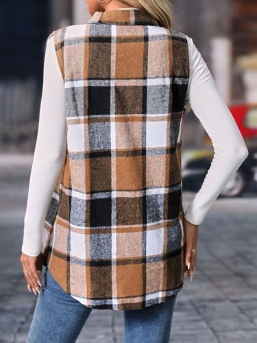 Wowcarbazole Womens Plaid Vest Button Down Sleeveless Lapel Neck Long Vest Tops Outerwear Casual Flannel Waistcoat Jackets2