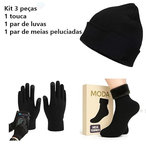 Touca de Inverno Lisa preta com Luva, Gorro Adulto, Tamanho Único
