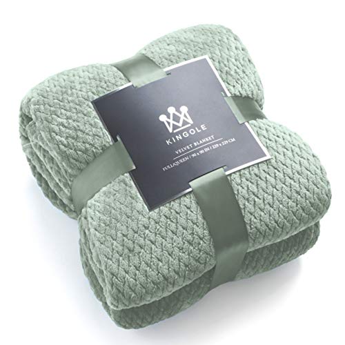 Kingole Flannel Fleece Luxury Throw Blanket, Laurel Green Queen Size Jacquard Weave Pattern