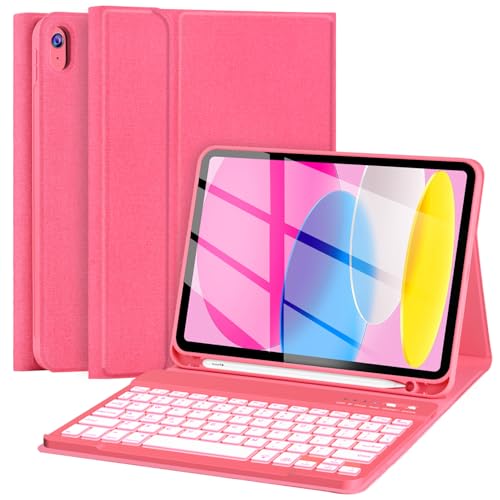 FUWANG for iPad A16 11th 10th Generation Case with Keyboard - Detachable 7 Colors Backlit Wireless Folio Case with Pencil Holder, Keyboard for iPad A16 11th 11-inch 2025 & 10th Gen 10.9Inch 2022, Pink