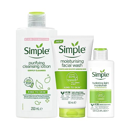 Simple Kind To Skin Care Bundle Of Purifying Cleansing Lotion 200ml, Moisturising Facial Wash 150ml, and Replenishing Rich Moisturiser 125ml For Sensitive Skin