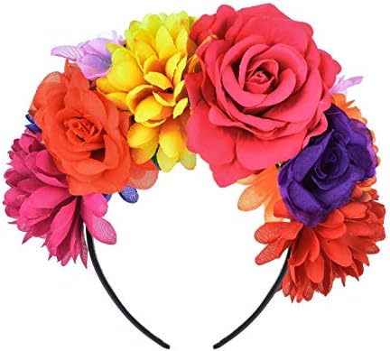 DreamLily Frida Kahlo Mexican Rose Flower Crown Headband Halloween Party Costume Headpiece NC26 (Rainbow Colorful), Rainbow Colorful, M