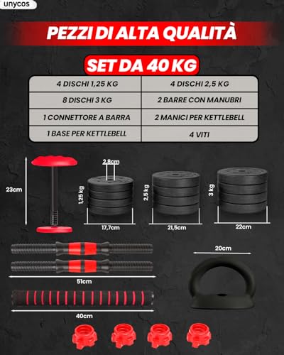 Unycos - Manubri Regolabili Con Dischi 40 Kg【E-Book Con 50 Esercizi】Coppia Di Pesi, Barra Di Collegamento Per Allenamento, Kettlebell E Supporto Per Flessioni, Palestra In Casa (Red Transformer) - 4