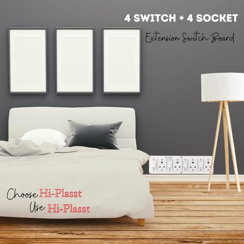 Image of Hi-Plasst 4+4 Pin Extension Board with 4 Switches & 4 Sockets, 6A, 4-Yard Long Cord - Wall-Mountable Power Hub for Home, Office, Diwali Lights, Christmas Decor & Kitchen Appliances
