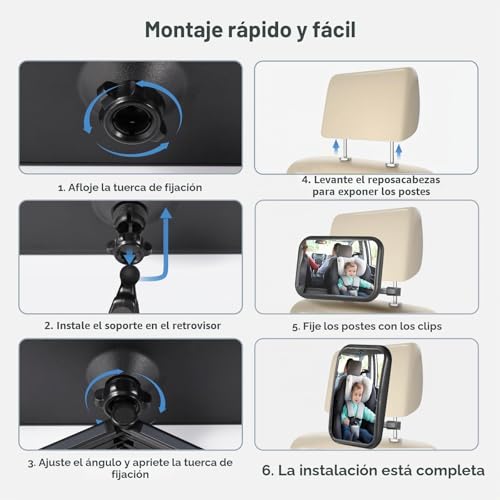 Miniatura 7 de Vinabo Espejo De Coche Para Bebé, Versión Mejorada, Espejo De Bebé Con Clip De Gancho, Espejo De Cochecito Con Bloqueo De Marcha Atrás, Seguridad, Espejo De Coche Giratorio De 360 , Esencial