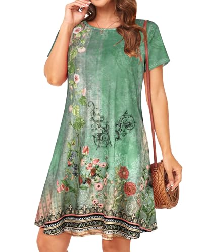 Image of Womens Summer Dresses Beach Casual Loose Tshirt Floral Short Sleeve Flowy Pockets Sundresses 2026