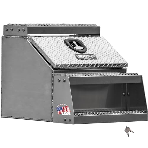 Buyers Products 1705182 Silver Diamond Tread Aluminum Heavy Duty Saddle Step Box, 24 x 28 x 24 Inch, Frame Steps with Built in Side Storage, Locking Die-cast Compression Latch, Semi-Truck Tool Box
