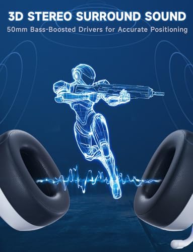 2.4GHz Wireless Gaming Headsets for PS5, PS4, PC, Switch - Bluetooth 5.3 Gaming Headphones with Noise Canceling Mic, 7.1 Surround Sound, 70H Battery, Blue Lighting - White - 4