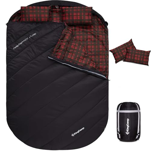 KingCamp Double Sleeping Bag for Adults, Queen Size 2 Person XXL Flannel Sleeping Bag, Waterproof Lightweight Flannel Quilt with 2 Pillows, Perfect for Couples Family Camping Hiking