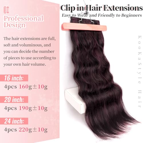 Image of KooKaStyle Wavy Thick Clip in Hair Extensions 20 inch Burgundy mix Dark Brown | 4 Pieces Clip in Extensions,Fiber Double Weft Hairpieces,Natural Volume,Beach Wave Long Synthetic Hairpieces for Women