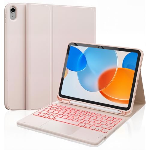 Nathhab Arabic/English Keyboard Case for iPad 10th Generation Multi-Touch Trackpad 7 Color Backlit Flip Stand Case 2 Wireless Channels Detachable Keyboard for iPad (A16) 11th/10th Gen Pink