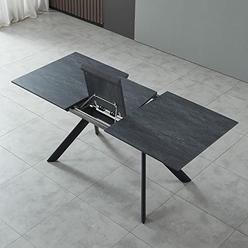 Jiexi Extendable Dining Table, Rectangular Mdf Slate Stone Color Top With Steel Legs For 6-8 People, Modern Indoor Extendable 55'' To 71'' Dining Kitchen Table For Kitchen Room, Dining Room #TOP9