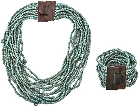 Shop LC Handmade Green Seed Bead Boho Costume Jewelry Set for Women Stretchable Beaded Bracelet Statement Necklace Multi Strand Layered Wooden Buckle Clasp Size 18" & 6.5" to 7.5" Birthday Gifts