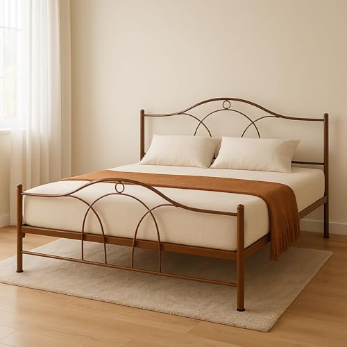 Image of Alto Metal King Size Bed Without Storage | Wrought Iron Double Bed with Headboard & Footboard | Sturdy Powder Coated Platform Bed King Size Cot for BedroomLivingRoom Brown (75x72)