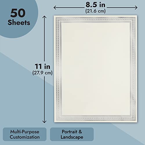 Image of Juvale Silver Foil Certificate Paper - Pack of Blank Certificates - Cardstock for Awards - Award Paper for Inkjet & Laser - 8.5 x 11 in, 50 Sheets, Ivory Cardstock