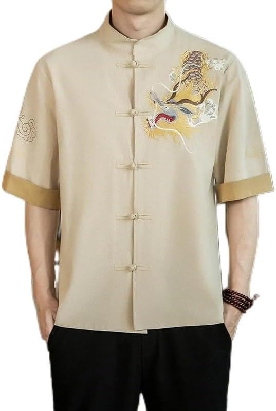 Men Embroidered Short Sleeve Shirts Chinese Style Retro Stand Collar Linen Cardigan Men Kungfu Casual Top