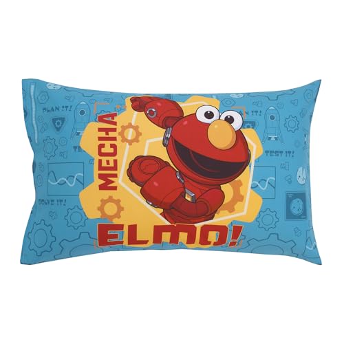 Image of NoJo Sesame Street Mecha Builders Blue, Red, and Gold, with Cookie Monster, Elmo and Abby 4 Piece Toddler Bed Set - Comforter, Fitted Bottom Sheet, Flat Top Sheet, and Reversible Pillowcase