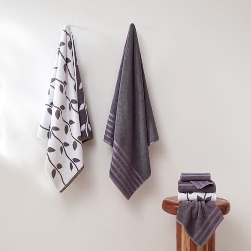 Image of Modern Threads 6 Piece Bath Towel Set Bathroom Set with 2 Bath Towels, 2 Hand Towels, & 2 Wash Cloths - 100% Cotton, Super Absorbent & Extra Soft - Reversible Natural Vine (Purple) 1 Set (Pack of 8)