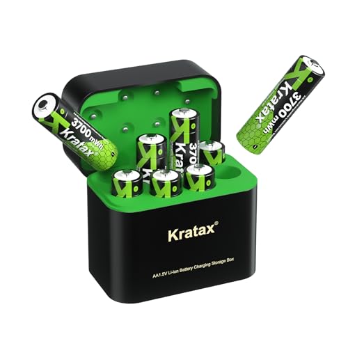 Kratax 3700mWh AA Rechargeable Lithium Batteries with Charger, 8 Pack high Capacity Double A li-ion Batteries 1.5v, Long Lasting, Charging Storage Box with AA Lithium Battery Rechargeable