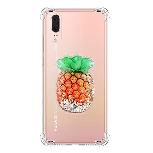 Jorisa Case for Huawei P20,Crystal Clear Skin with 3D Liquid Bling Sequin Pattern and Long lanyard,Shock Absorption Air Cushion Rubber Silicone Protection Case,Pineapple